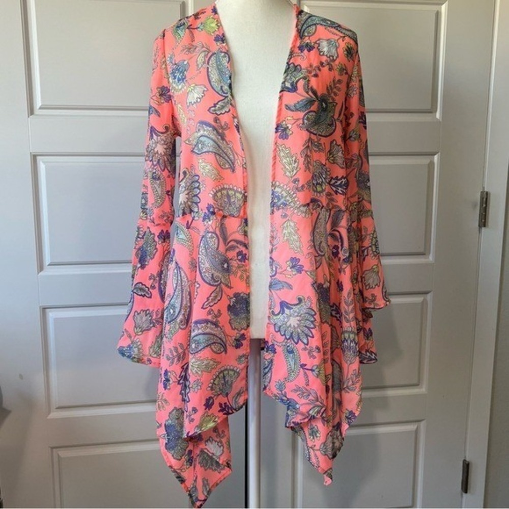 Flamingo Urban Paisley Open Front Bell Sleeve Coral Pink Kimono Cover‎ Up Medium